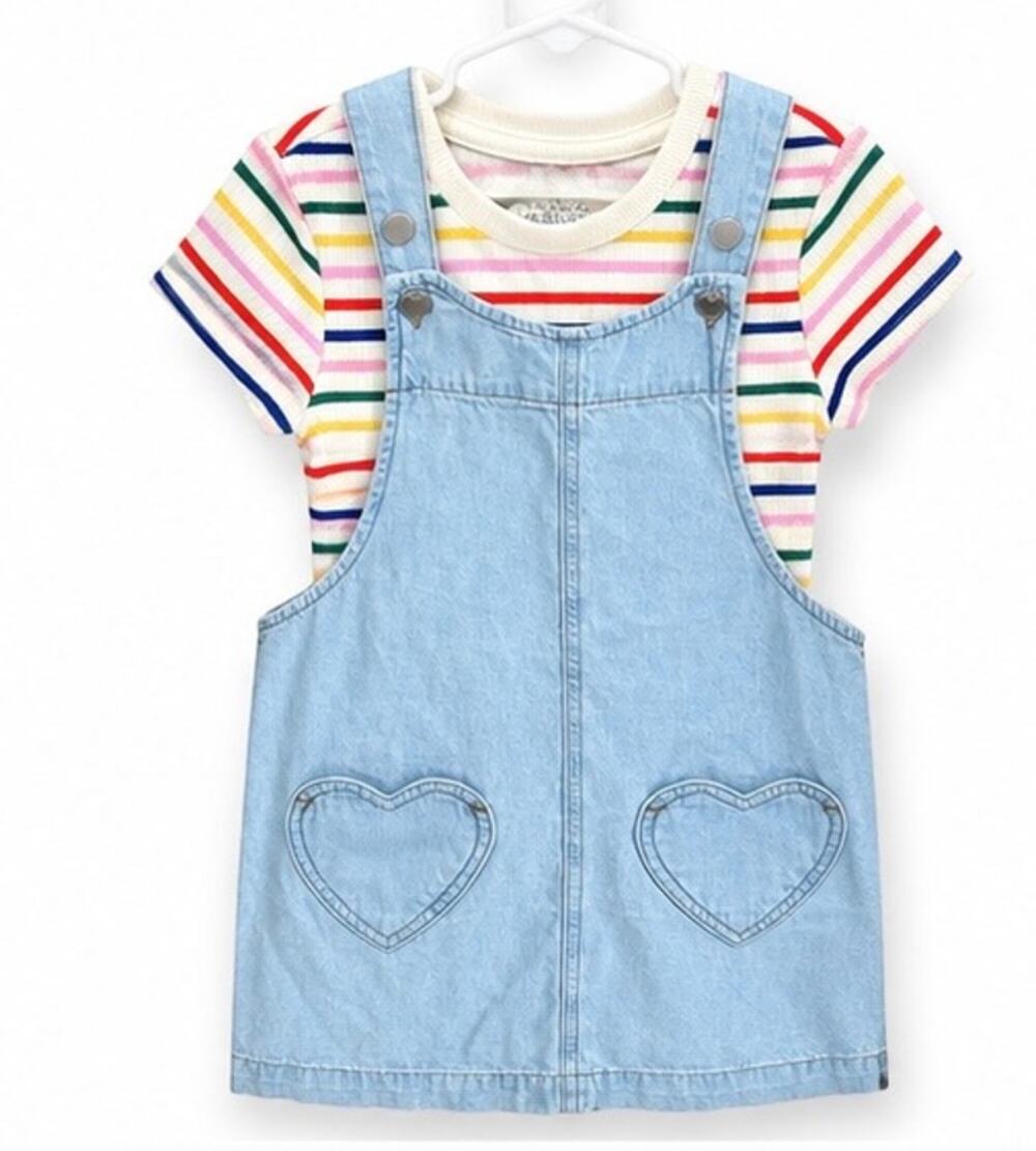 Wonder Nation Girls Size 6 Denim Overall Dress & Rainbow Stripe Shirt Set